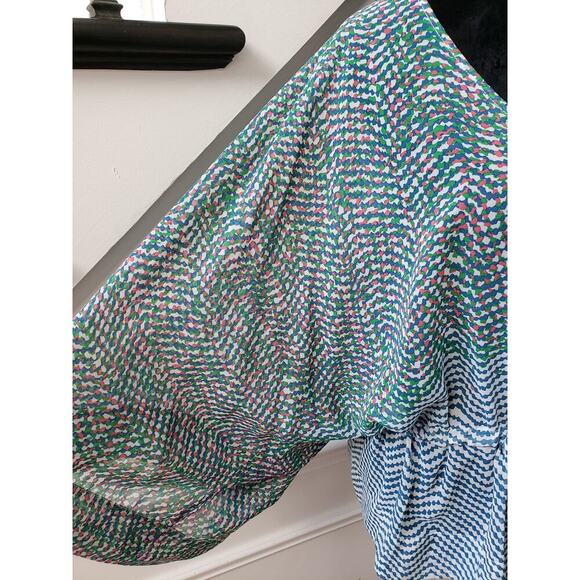 CAbi Tunic Top Womens Medium Multi Printed Arts Sheer Kimono Sleeve Tie Waisted - Picture 10 of 12